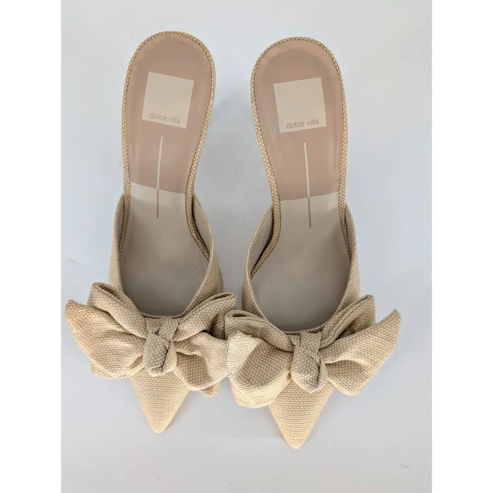 Dolce Vita Kayli Raffia Natural Bow Sandal Kitten Heel 8 Coquette Parisian Chic